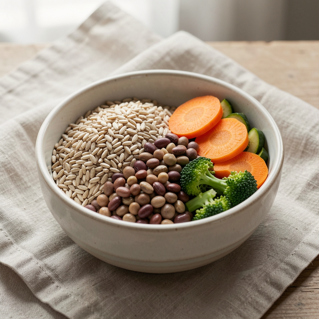 Bowl of whole grains, legumes, and seasonal vegetables arranged on a linen cloth under diffuse natural light